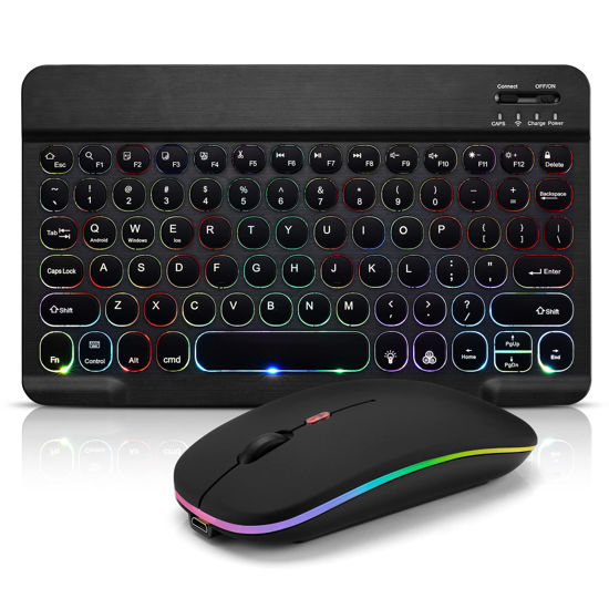 Picture of Ultra-Slim Bluetooth Keyboard and Mouse Portable Mini Wireless Keyboard Rechargeable 7-Color Backlit for Apple iPad iPhone Samsung Tablet iPhone Smartphone iOS Android Windows, Round Keys Black