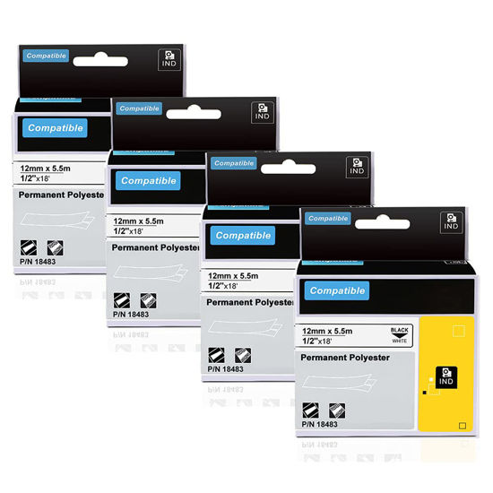 Picture of Aonomi 18483 a18483 Replace for Dymo 18483 Rhino Industrial Permanent Polyester Labels 1/2-Inch X 18 Ft Black on White Compatible with DYMO Industrial Rhino 4200 5200 5000 6000 Label Maker, 4-Pack