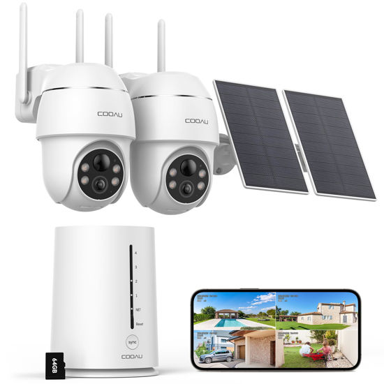 Picture of COOAU Solar Security Cameras Wireless Outdoor, 2 Cam-Kit, 4MP Cameras for Home Security System, 360° Pan & Tilt, Color Night Vision, Motion Detection, No Monthly Fee, Siren Alarm, IP66,64GB Card