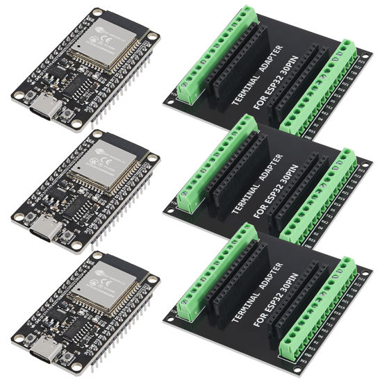 Picture of DORHEA 3 Sets ESP-WROOM-32 ESP32 ESP-32S Development Board Type C Interface WiFi ESP-WROOM-32 with ESP32 Breakout Board Shield Terminal Adapter for ESP32 30Pin