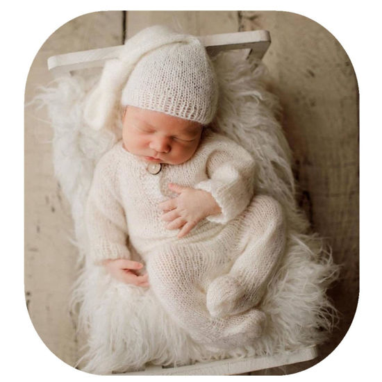 Picture of Vemonllas Newborn Photography Prop Baby Boys Girls Photoshoot Outfits Newborn Photo Knitted Romper Sleepy Hat Picture Outfit (White)