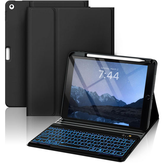 Picture of OYEEICE Keyboard case for iPad 9.7 inch, iPad 6th Gen (2018), iPad 5th Gen (2017), iPad Air 2 (2014) - 7 Color Backlit Wireless Keyboard with Pencil Holder for iPad 6th/5th Pro 9.7'' Air 2/1 - Black