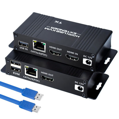 Picture of 164FT HDMI KVM USB Extender- HDMI to RJ45 Over Cat5e/6/7 1080P@60hz KVM Extender HDMI Over Ethernet Transmitter Receiver Support Keyboard Mouse USB Control No Latency POC Function Single Power Supply