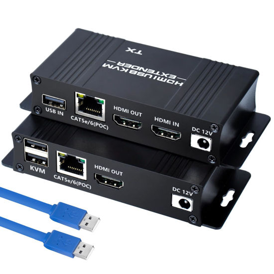 Picture of 164FT HDMI KVM USB Extender- HDMI to RJ45 Over Cat5e/6/7 1080P@60hz KVM Extender HDMI Over Ethernet Transmitter Receiver Support Keyboard Mouse USB Control No Latency POC Function Single Power Supply