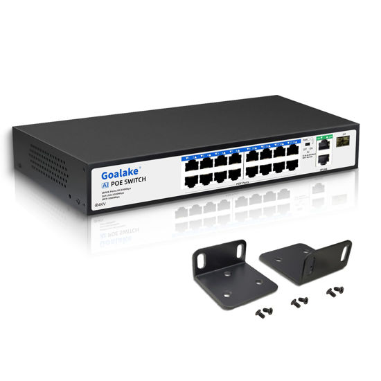 Picture of 19-Port Ethernet PoE Switch, 16 Port PoE Switch 16 PoE+ Ports @240W, 2 Uplink Gigabit Ports + 1 Combo SFP Slots, Metal Plug and Play, AI Extend &Vlan, Fanless, Overload Protection