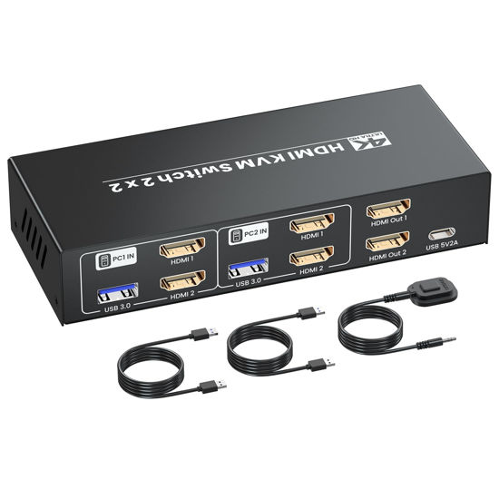 Picture of HDMI KVM Switch 2 Minitors 2 Computers, USB 3.0 4K@60Hz Dual Monitor HDMI KVM Switch 2 in 2 Out for 2 PC Share 2 Monitors and 1 Set of Keyboard Mouse and Other USB Devices, Copy Mode & Extended Mode