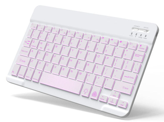 Picture of Backlit Bluetooth Keyboard Small Portable External Wireless Keyboard Cordless Rechargeable Illuminated for Android Tablet Cell Phone Smartphone iPad Pro Air Mini iPhone Windows Surface (White)