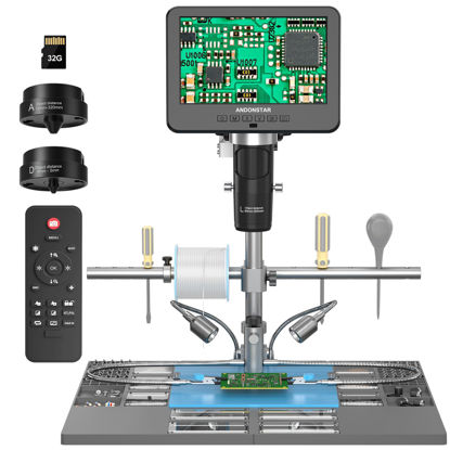 Picture of Andonstar AD246S-M Plus 7'' HDMI Soldering Digital Microscope for Electronics Repair, 2000x 3 Lens 2160P UHD Video Record, Soldering Microscope Station with Helping Hands, Coin Microscope, 32GB Card