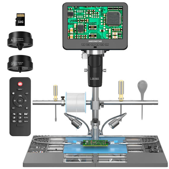 Picture of Andonstar AD246S-M Plus 7'' HDMI Soldering Digital Microscope for Electronics Repair, 2000x 3 Lens 2160P UHD Video Record, Soldering Microscope Station with Helping Hands, Coin Microscope, 32GB Card