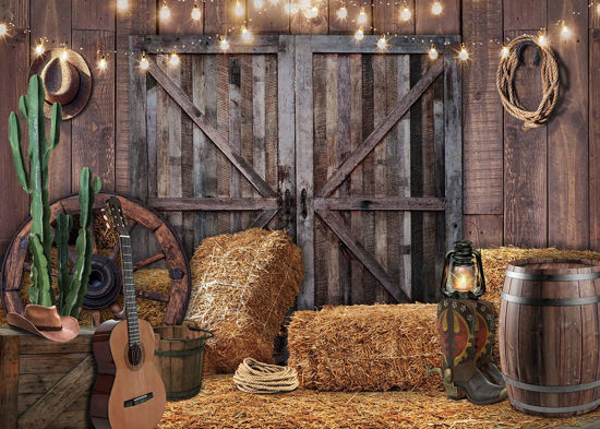 Picture of Alltten 7x5ft Western Cowboy Backdrop Western Party Decorations Wild West Vintage Wooden House Barn Door Photography Background Cowboy Theme Party Decorations Banner Photo Booth F44
