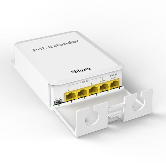 Picture of Tliffpaco Outdoor Gigabit PoE Extender, 5 Port PoE Repeater, 90W in 60W Out PoE Switch, Waterproof, Vlan, IEEE802.3af/at/bt Extend Additional 100m(328ft), 10/100/1000Mbps, Wall Mount Plug and Play