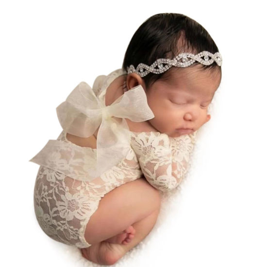 Picture of Newborn Photography Prop For Girls Newborn Lace Outfits Newborn Lace Romper With Headband Infant Bow Princess Costume Lace Letard