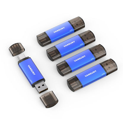 Picture of Vansuny 64GB 5 Pack USB Type-C Flash Drives 2-in-1 Dual Flash Drive USB A + USB C OTG Flash Drive for Android Smartphone Tablet Computer Laptop (Blue)