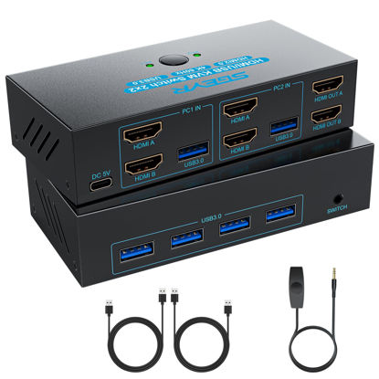 Picture of SGEYR HDMI KVM Switch Dual Monitors, 4K@60Hz KVM Switch 2 Monitors 2 Computers with 4 USB 3.0 Ports Share 2 Monitors and USB Devices, Support Wired Remote and Button Switch, Sharing Keyboard& Mouse