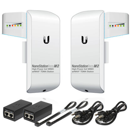 Picture of Wireless Bridge Ubiquiti LOCOM2 PRE-CONFIGURED, Bundle of 2 Ubiquiti Nanostation LOCO M2, Point to Point Outdoor WiFi Bridge, Plugh and Play 2.4GHz, 150+Mbps, 10+km Link Range, Network Bridge