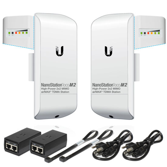 Picture of Wireless Bridge Ubiquiti LOCOM2 PRE-CONFIGURED, Bundle of 2 Ubiquiti Nanostation LOCO M2, Point to Point Outdoor WiFi Bridge, Plugh and Play 2.4GHz, 150+Mbps, 10+km Link Range, Network Bridge