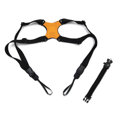 Picture of Venmark Binocular Harness Strap for Binoculars and Cameras - Holster Strap for Hiking, Birding, Hunting, Golfing - Complete with Survival Bracelet with Fire Starter, Compass, Whistle, and Paracord