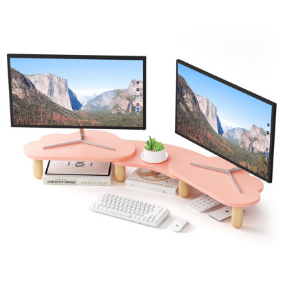 Picture of AFOOYO Dual Monitor Stand Riser,Rainbow Cloud Desktop Computer Stand for 2 Monitors,Adjustable Length and Angle Multifunctional Desktop Organizer Stand for Laptop, PC, Computer, Printer,Pink
