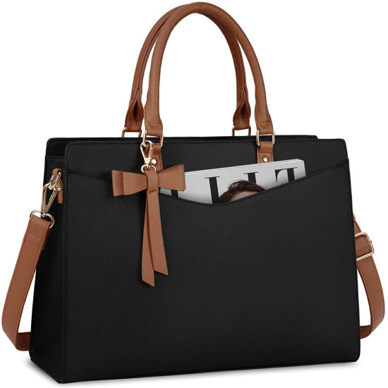 Picture of RAINSMORE Laptop Bag for Women 15.6 Inch PU Leather Tote Bag Professional Business Office Work Bag Waterproof Briefcase Computer Tote Bag Large Lightweight Handbag Shoulder Bag, Black and Dark Brown