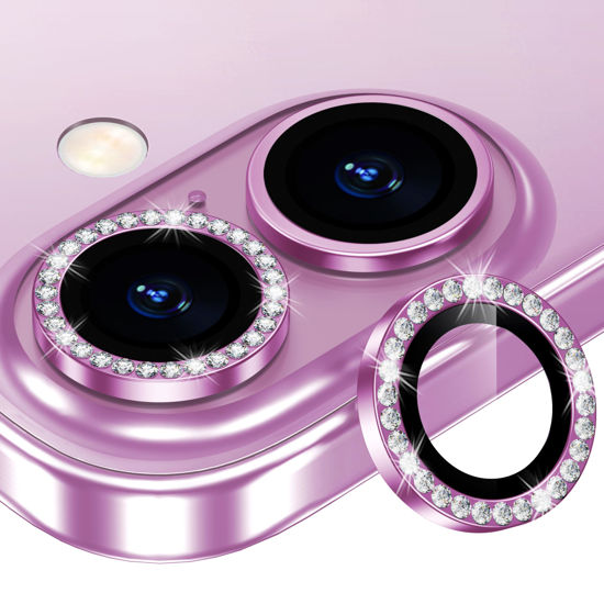 Picture of Xfilm for iPhone 16/16 Plus Camera Lens Protector Bling Individual Metal Diamond Ring 9H Hardness Scratchproof Protector, Stylish Phone Accessories, Case Friendly (Pink Diamond)