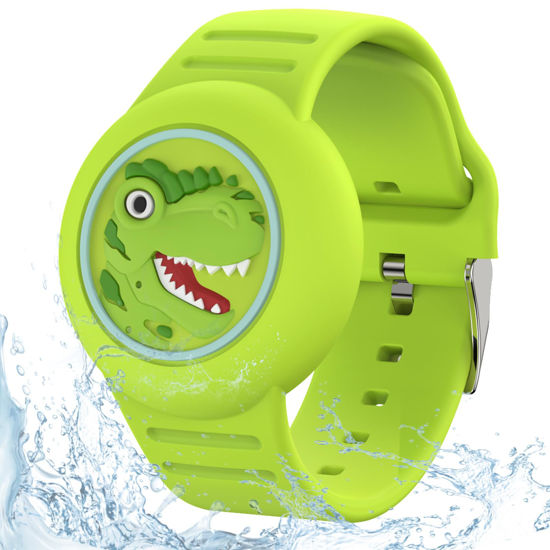 Picture of HLHGR Waterproof Airtag Bracelets for Kids，Apple Air tag Holder for Kids-Soft Silicone Hidden Air tag Wristband - Lightweight GPS Tracker AirTag Watch Band for Child (Dinosaurs-Green)