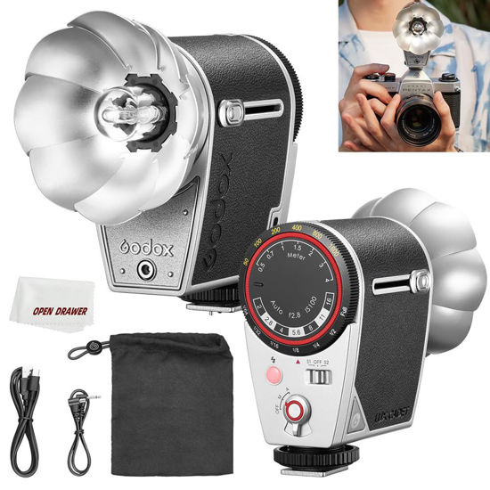 Picture of GODOX Lux Cadet Retro Camera Flash, GN10 with 7 Levels Flash Power,CCT 6200K±300K with S1/S2 Optical Control for Sony, for Fuji, for Canon, for Nikon, for Olympus Camera