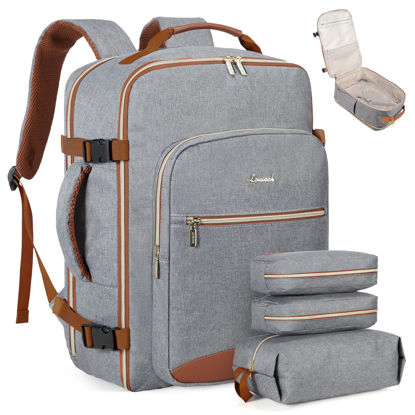 Picture of LOVEVOOK Carry on Backpack, 40L Travel Backpack as Personal Item Flight Approved, Waterproof Large 17inch Laptop Backpack Luggage Daypack Business Weekender Overnight with 3 Packing Cubes, Grey-Brown
