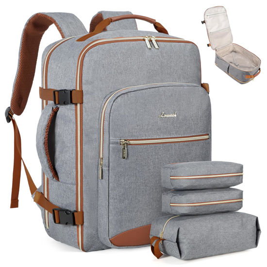 Picture of LOVEVOOK Carry on Backpack, 40L Travel Backpack as Personal Item Flight Approved, Waterproof Large 17inch Laptop Backpack Luggage Daypack Business Weekender Overnight with 3 Packing Cubes, Grey-Brown