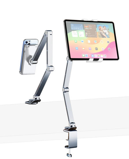 Picture of HIBORI iPad Mount for Desk Aluminum Alloy Tablet Stand Foldable Overhead Arm Holder Mount Fits for 4.7-15.6" Screen Phone,Kindle,Fire HD,Monitor,iPad,Galaxy Tab Series (Silver)