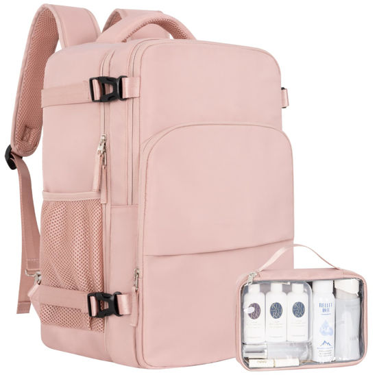 Picture of Sinaliy Travel Backpack, Carry on Flight approved Travel Bag with Multi-Pockets, Waterproof 17.3inch Laptop Backpack for Men Women, Pink