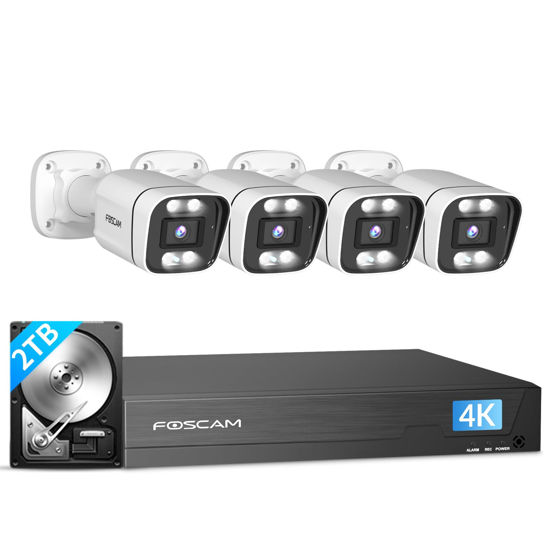 Picture of FOSCAM 4K 8MP NVR PoE Security Camera System 8 Channel NVR 4pcs Wired Outdoors IP PoE 8MP Security Cameras, 2TB HDD, Color Night Vision, 2-Way Audio, AI Human Vehicle Detection, IP66 Waterproof