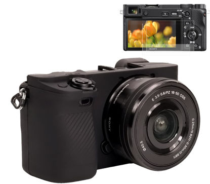 Picture of Pocoukate Case for Sony Alpha A6400, A6300, A6100 Camera, Soft Silicone Protective Cover Skin with Screen Protector Accessories for Sony Alpha A6400/6300/6100 Digital Camera Silicone Case - Black