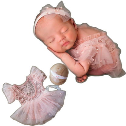 Picture of Zeroest Newborn Photography Outfits Girl Lace Romper Newborn Photography Props Rompers Baby Girls Skirt Photoshoot 3PCS (Pink-Short Sleeve)