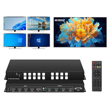 Picture of 4K/60HZ 4X4 HDMI Matrix Switch, 2X2 Video Wall Controller Switching HDMI Splitter, HDMI Matrix Seamless Switcher 4 HDMI+1 DP in 4 HDMI Out 2x2 TV Wall Controller for 4 TV Splicing Display 90°Rotate