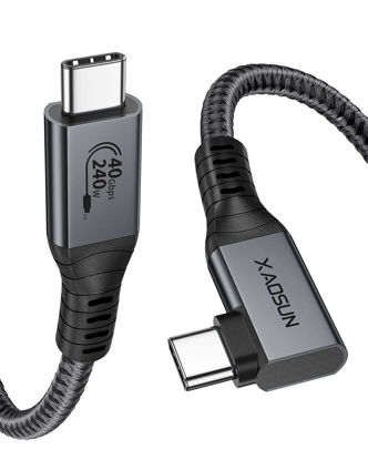 Picture of XAOSUN USB 4 Cable for Thunderbolt 4 240W, Right Angle Thunderbolt 4 Cable 90 Degree, 240W USB C to USB C Cable with 40Gbps Data, 8K@60Hz Display, for Thunderbolt MacBook Docks eGPU Hub 2ft / 0.6m