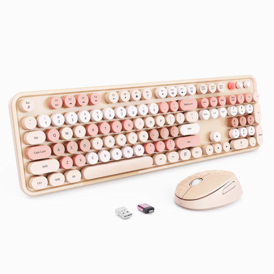 Picture of Wireless Keyboard and Mouse, Full-Size Typewriter Keyboard with Retro Round Keycaps, Ergonomic Design, Compatible with Windows PCs, Ideal for Home and Office. (Milk Tea)