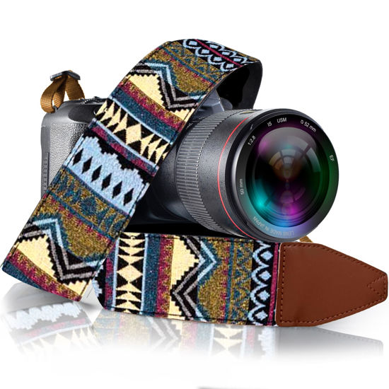 Picture of Camera Strap for All DSLR and Mirrorless camera Including Binoculars. Neck , Shoulder & Crossbody Camera Strap Stripes Woven Vintage Pattern Vegan Leather. Best Gift for Men & Women Photographers