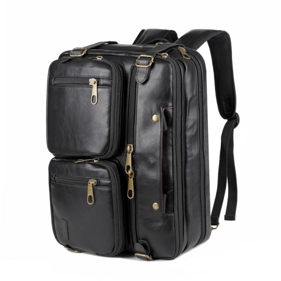 Picture of Men Vegan Leather Briefcase Backpack Hybrid 17 Inch Laptop Bag Case Business Messenger bag HB-22 (Black)