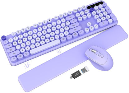 Picture of Wireless Keyboard and Mouse Combo - Cute Typewriter Keyboard with Detachable Wrist Rest, Retro Round Keycaps, Foldable Legs, 2.4GHz Full-Size Keyboard for PC, Laptop, Mac, Windows - Trueque (Purple)