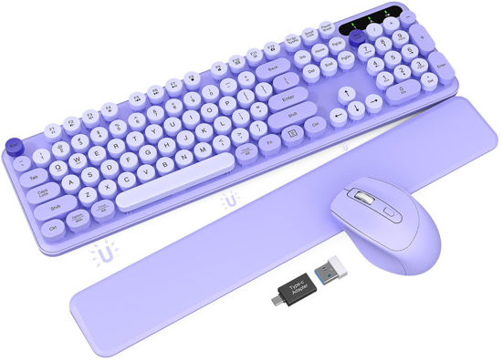 Picture of Wireless Keyboard and Mouse Combo - Cute Typewriter Keyboard with Detachable Wrist Rest, Retro Round Keycaps, Foldable Legs, 2.4GHz Full-Size Keyboard for PC, Laptop, Mac, Windows - Trueque (Purple)