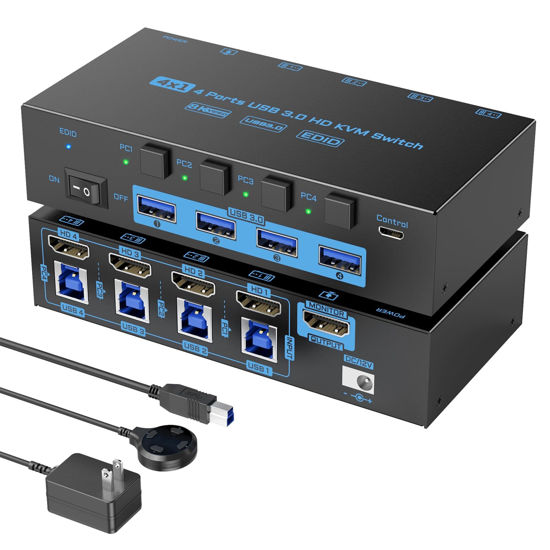Picture of USB 3.0 KVM Switch HDMI 4 Port, 8K@60Hz 4K@144Hz, ANXQQ EDID Simulation KVM Switch 4 Computers Share 1 Monitor and 4 USB Devices, Keyboard Mouse Switch with USB Cables, Wired Control and Power Supply