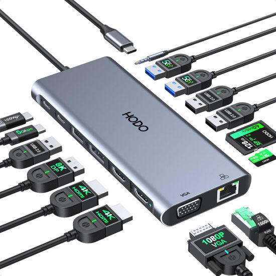 Picture of HODO USB C HUB Multiport Adapter Docking Station USB C to 2 HDMI 4K@60Hz+DP 8K@30Hz+VGA+6 USB C/A Ports+PD 100W+Ethernet+SD/TF+Audio 15-in-1 Dongle Quad Display for Dell/HP/Lenovo Laptops