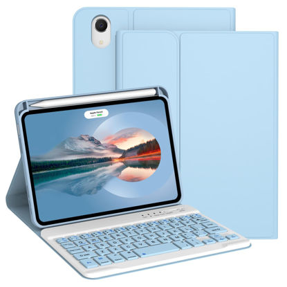 Picture of Divufus Keyboard Case for iPad Mini 7th Generation (A17 Pro) 2024 / 6th Gen 2021 8.3 Inch [Magnetic Detachable Wireless Keyboard][Support 3 System] Flip Stand Case with Pencil Holder, Light Blue