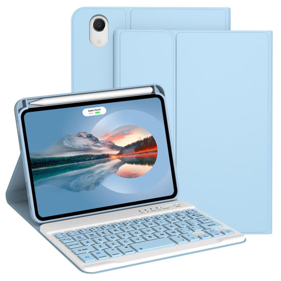 Picture of Divufus Keyboard Case for iPad Mini 7th Generation (A17 Pro) 2024 / 6th Gen 2021 8.3 Inch [Magnetic Detachable Wireless Keyboard][Support 3 System] Flip Stand Case with Pencil Holder, Light Blue