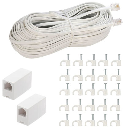 Picture of LanSenSu Phone Extension Cord 66 Ft, Phone Cord Telephone Cable with Standard RJ11Plug and 2 in-Line Couplers and 25Cable Clip Holders, White (White, 66 Feet)