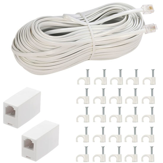 Picture of LanSenSu Phone Extension Cord 66 Ft, Phone Cord Telephone Cable with Standard RJ11Plug and 2 in-Line Couplers and 25Cable Clip Holders, White (White, 66 Feet)