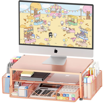 Picture of OPNICE Desk Organizers and Accessories, 2-Tier Computer Monitor Stand for Desk Organizer with Drawer and 2 Pen Holders, Office Desk Accessories Workspace Desktop Organizers for Office Supplies, Rose Gold