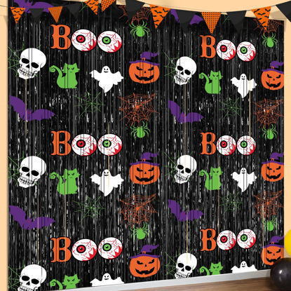 Picture of Halloween Party Decorations Scary Black Halloween Photo Backdrop Streamers, 2 Pack 3.3 x 6.6 FT Halloween Decor Foil Fringe Curtains Halloween Backdrops for Parties Birthday Window Door Indoor Outdoor