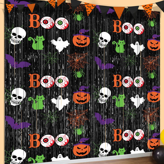 Picture of Halloween Party Decorations Scary Black Halloween Photo Backdrop Streamers, 2 Pack 3.3 x 6.6 FT Halloween Decor Foil Fringe Curtains Halloween Backdrops for Parties Birthday Window Door Indoor Outdoor