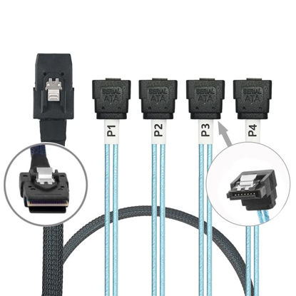 Picture of WLGQ Array Disk Cable Mini SAS 36Pin (SFF-8087) to 4 SATA 7Pin Cable, Mini SAS Host/Controller to 4 SATA90° Elbow Target/Backplane, 1M(3.3FT)